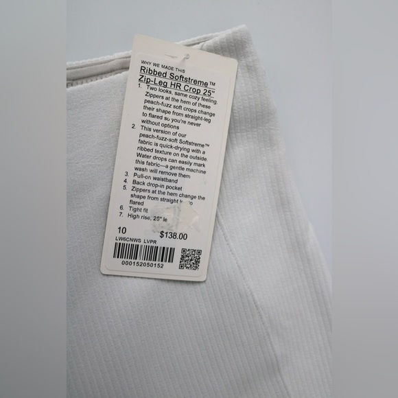 NWT- Lululemon Ribbed Softstreme Zip-Leg HR Crop 25" in white, size 10. - Picture 2 of 11